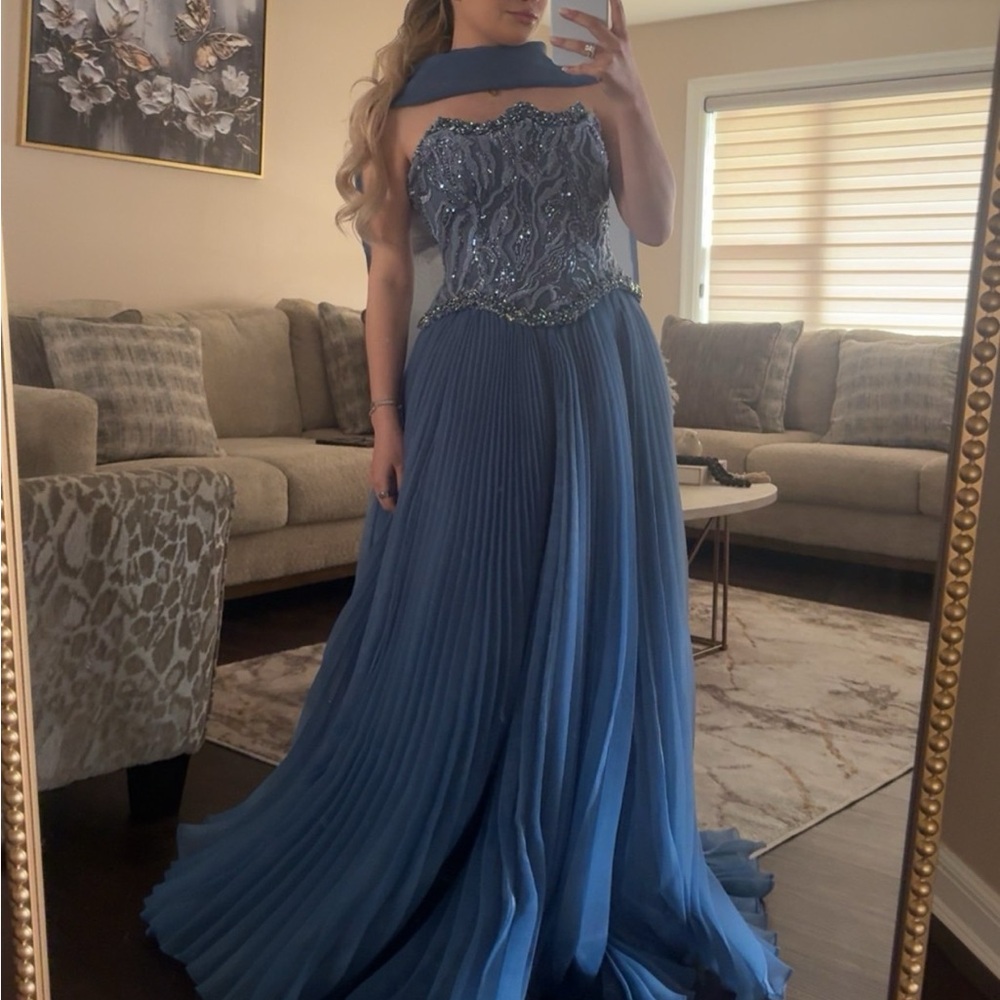 Dusty Blue Beaded Off-Shoulder Pleated Gown